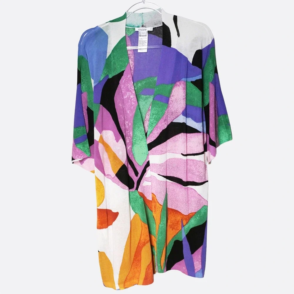 Chico's Knit Kimono‎ Cardigan L 0X 12 Multi-Color Floral Abstract Open Front